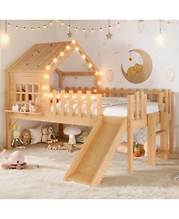 Streamdale Furniture Loft Bed with Slide, Playhouse, Stars, Window, Led Lights