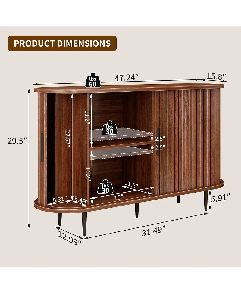 Streamdale Furniture 47''W Fluted Buffet Sideboard Cabinet with Sliding Door