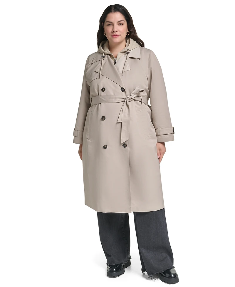 Dkny Women's Double Breasted Belted Trench with Hooded Bib Coat