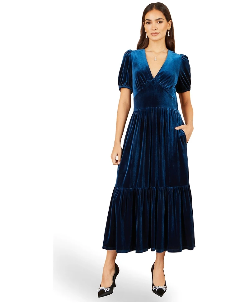 Yumi Women's Puff Sleeve V-Neck Velvet Midi Dress