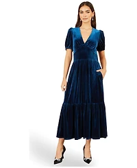 Yumi Women's Puff Sleeve V-Neck Velvet Midi Dress