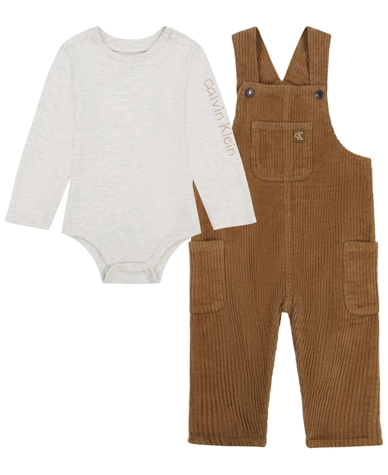 Calvin Klein Baby Boys' Long-Sleeve Bodysuit and Sleeveless Overall, 2-Piece Set