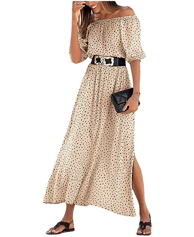 Lascana Women's Printed Off Shoulder Elastic-Waist Maxi Dress