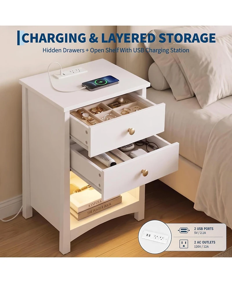 gaomon Set of 2 Mid-Century Nightstands with Charging Station