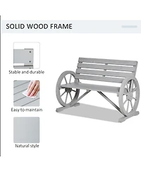 Outsunny Wooden Wagon Wheel Bench, Rustic Outdoor Patio Furniture, 2-Person Seat Bench with Backrest, Light Grey