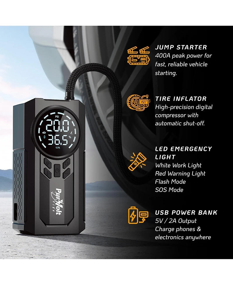 Pursonic 2-in-1 Car Jump Starter and Tire Inflator, 400A Peak Battery Booster for 12V Vehicles, 150 Psi Air Compressor with Digital Display