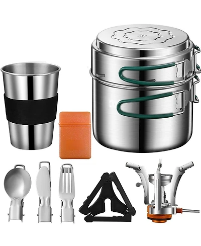 Piscifun Stainless Steel Camping Cookware Mess Kit With Mini Stove For Hiking Picnic