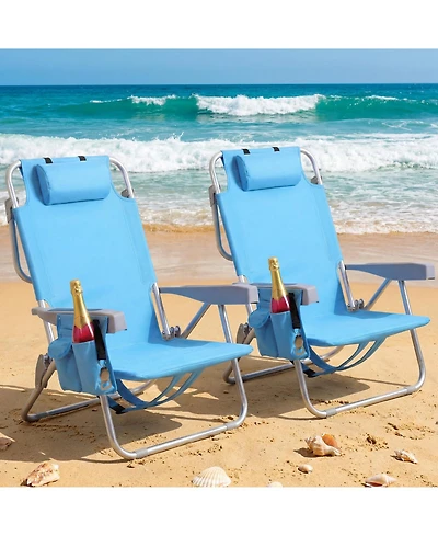 Aofar 2 Pack Beach Chairs Reclining Folding Portable Cup Holder Cooler Towel Bar outdoor
