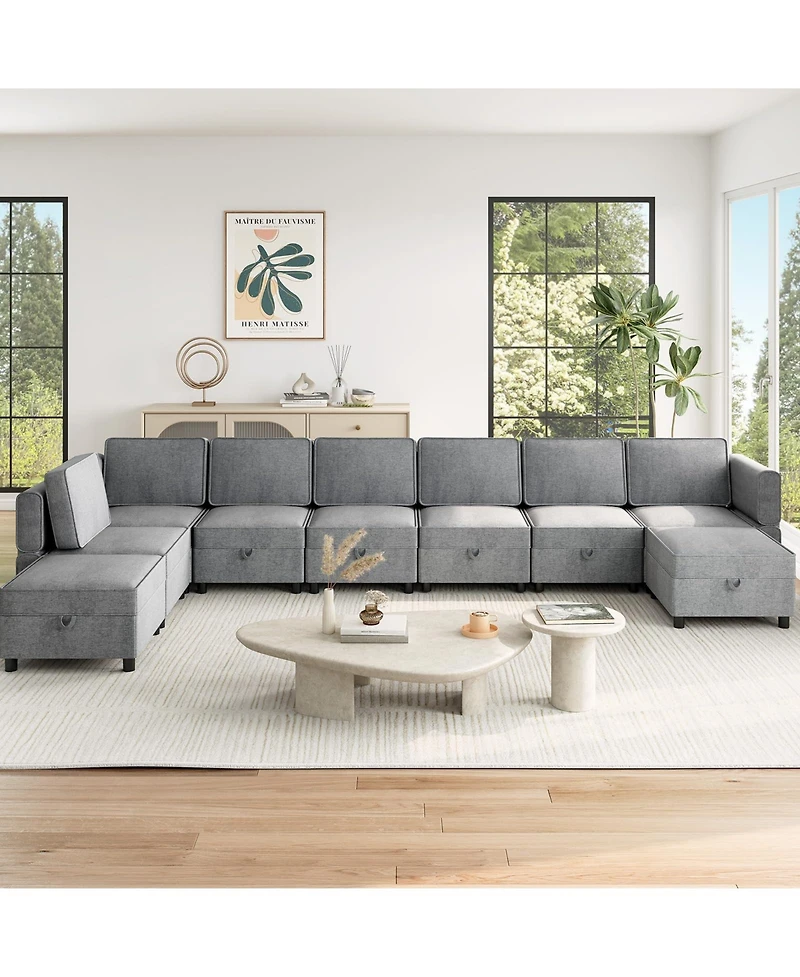 homfan 139.4 inches Chenille Reversible Sectional Sofa, 9-Seater Modular, Comfy Sleeper with Chaise, U-Shape Couch with Storage Seats and Ottomans
