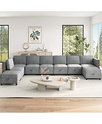 homfan 139.4 inches Chenille Reversible Sectional Sofa, 9-Seater Modular, Comfy Sleeper with Chaise, U-Shape Couch with Storage Seats and Ottomans