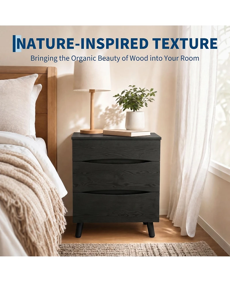 homfan Nightstand with 3 Storage Drawers, 24 Inch Wide Bedside Table with Wooden Top for Bedroom, Space Saving Modern End Table for Living Room Office
