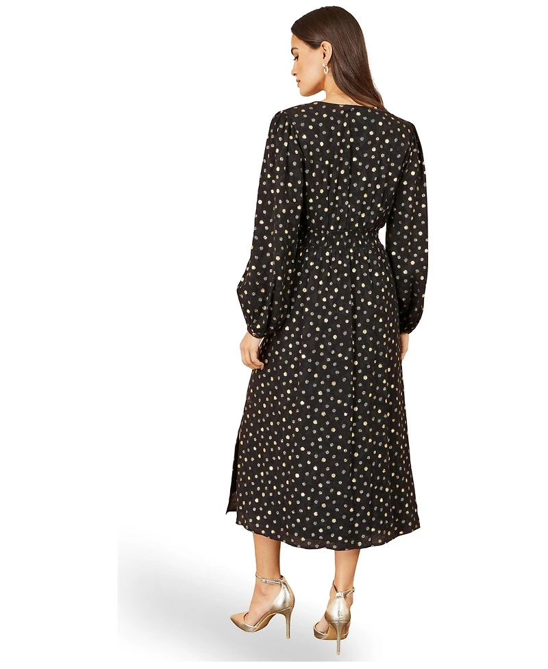 Yumi Women's Long Sleeve Foil Print Midi Dress