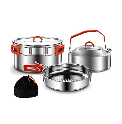 Piscifun 4 Piece 304 Stainless Steel Camping Cookware Set With Frying Pan Pot Kettle And Mesh Bag For Hiking Travel