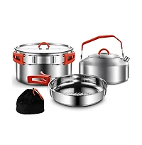 Piscifun 4 Piece 304 Stainless Steel Camping Cookware Set With Frying Pan Pot Kettle And Mesh Bag For Hiking Travel