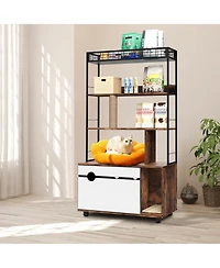 homfan Hidden Cat Litter Box Enclosure Furniture with 4-Tier Shelves and Scratching Post, 2-in-1 Large Wooden Cat Litter Box Cabinet