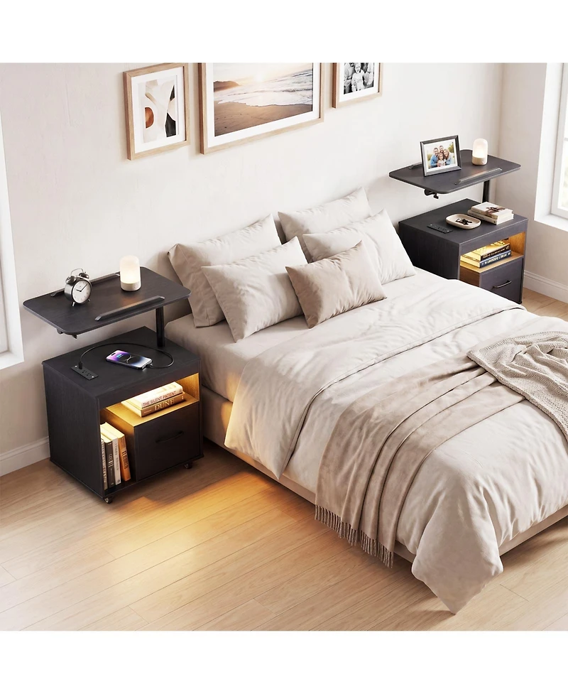 Costway Nightstand with Power Outlets,Modern Bedside Table Flip overandRotatable Tabletop