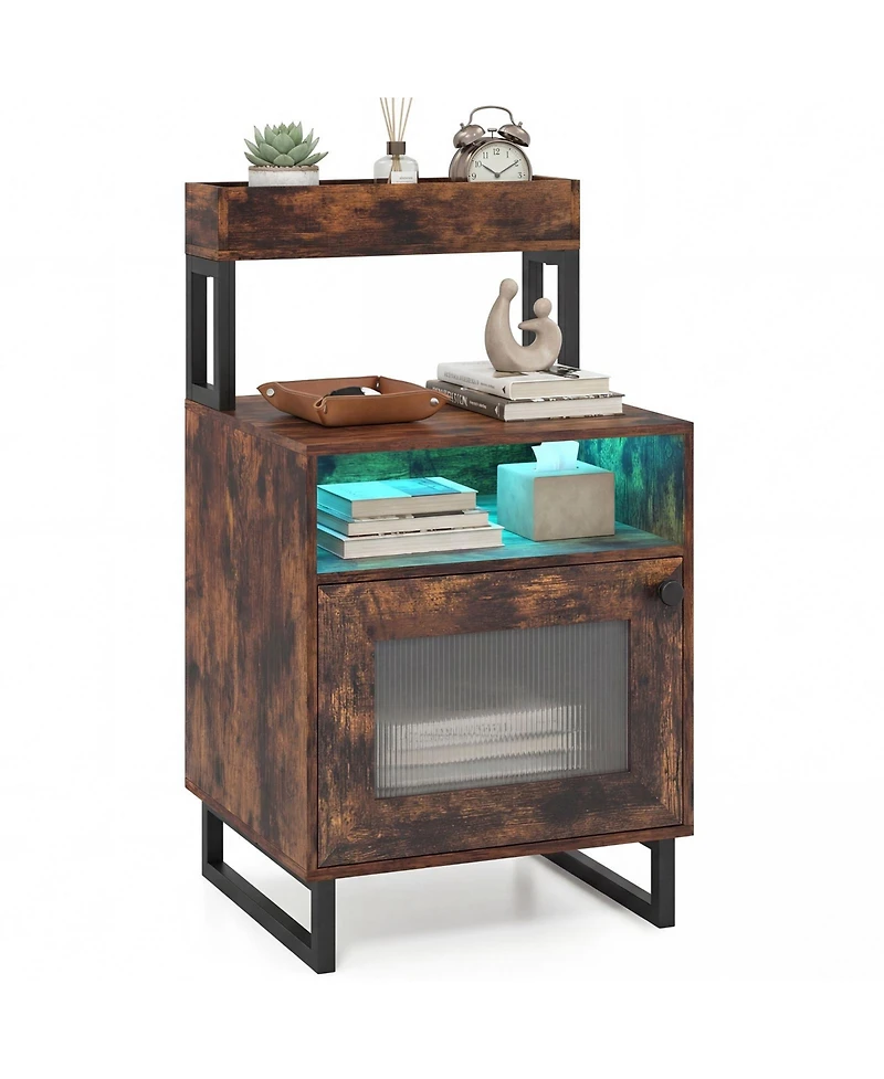Costway Nightstand with Led Lights, Modern End Table Top Tray, Open Compartment