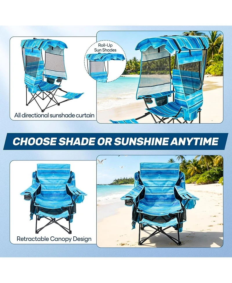 Mooncool Folding Beach Chair Camping with Canopy Shade and Foot Rest Cooler Bag Cup Holder Outdoor