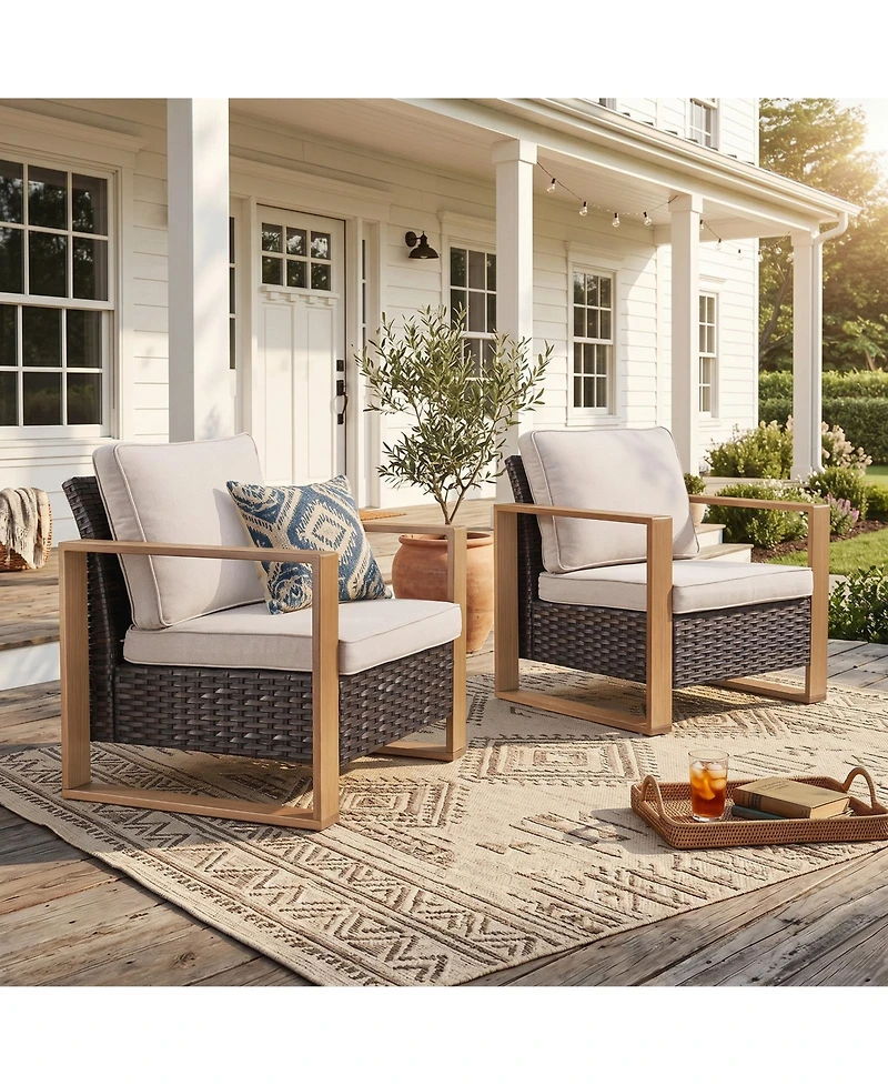 Pocassy Wicker Patio Chairs Set of 2,Oversize Outdoor with High Backrest Metal Armrest, All Weather Pe Rattan Seating