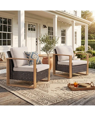 Pocassy Wicker Patio Chairs Set of 2,Oversize Outdoor with High Backrest Metal Armrest, All Weather Pe Rattan Seating