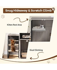 homfan Double Cat Litter Box Enclosure with Hammock, Sisal Scratching Post, Movable Ladder and Metal Mesh Door Hidden Washroom