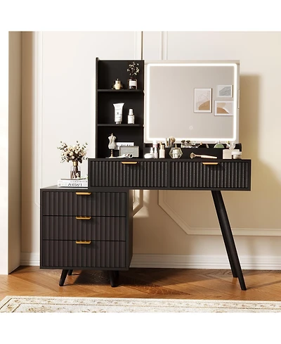 homfan Vanity Desk with Lighted Mirror & Power Outlet, 5 Drawers, Wave Panel, 3-Color Lighting, Shelves for Bedroom