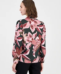 T Tahari Women's Long-Sleeve V-Neck Bow Tie Floral-Print Blouse