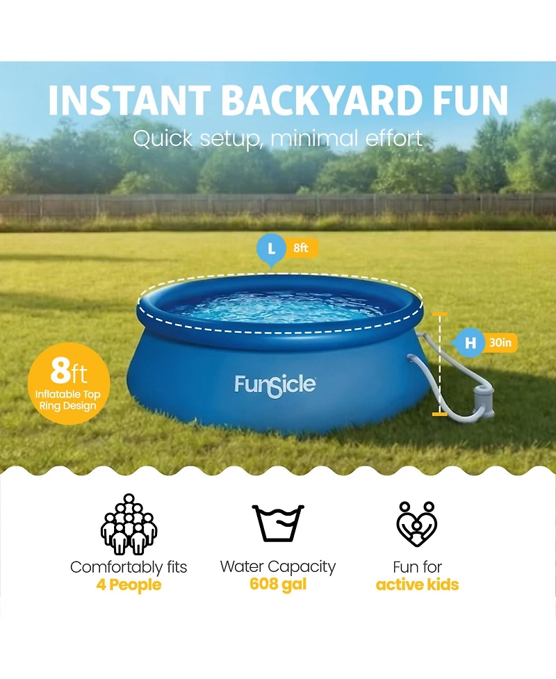 Funsicle 8' x 30" QuickSet Inflatable Ring Top Outdoor Above Ground Pool With Pump