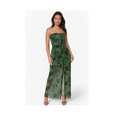 Bebe Women's Printed Mesh Twist Waist Strapless Maxi Dress