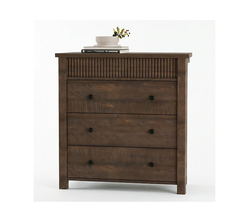 homfan 3 Drawer Dresser for Bedroom Nightstand, Fluted Wooden Chest, Walnut End Table for Hallway Living Room