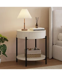 Round Farmhouse End Table with Drawer, Wood-Grain Top and Metal Legs, Vintage Nightstand,White