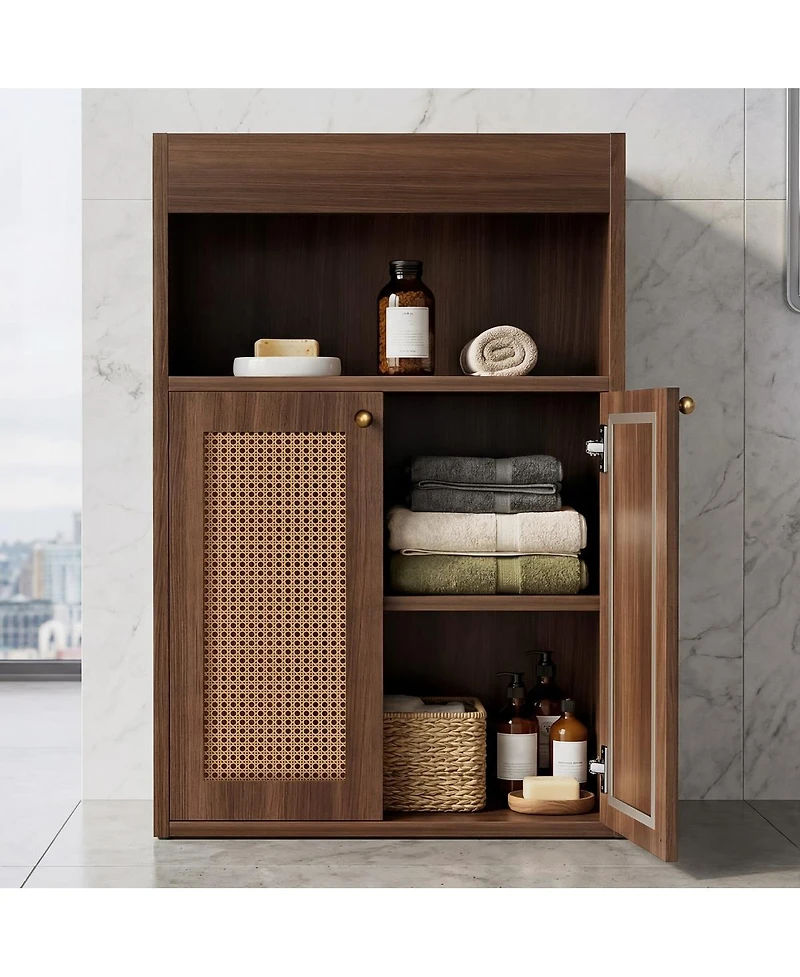 Phying 2 Rattan Doors Freestanding Bathroom Cabinet Adjustable Shelf Floor Storage Organizer with Open Shelving for Home Bathroom Hallway Living Room