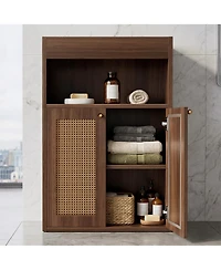 Phying 2 Rattan Doors Freestanding Bathroom Cabinet Adjustable Shelf Floor Storage Organizer with Open Shelving for Home Bathroom Hallway Living Room