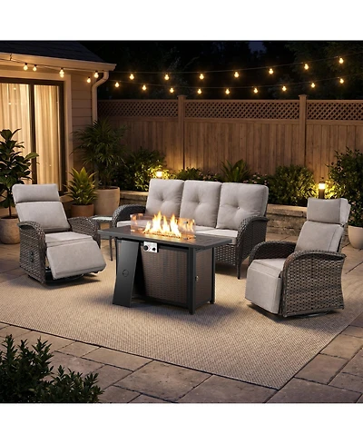 Pocassy 5-Pieces Outdoor Wicker Patio Conversation Furniture Set with Swivel Recliner Chairs and Rectangular Fire Pit Table