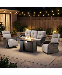 Pocassy 5-Pieces Outdoor Wicker Patio Conversation Furniture Set with Swivel Recliner Chairs and Rectangular Fire Pit Table