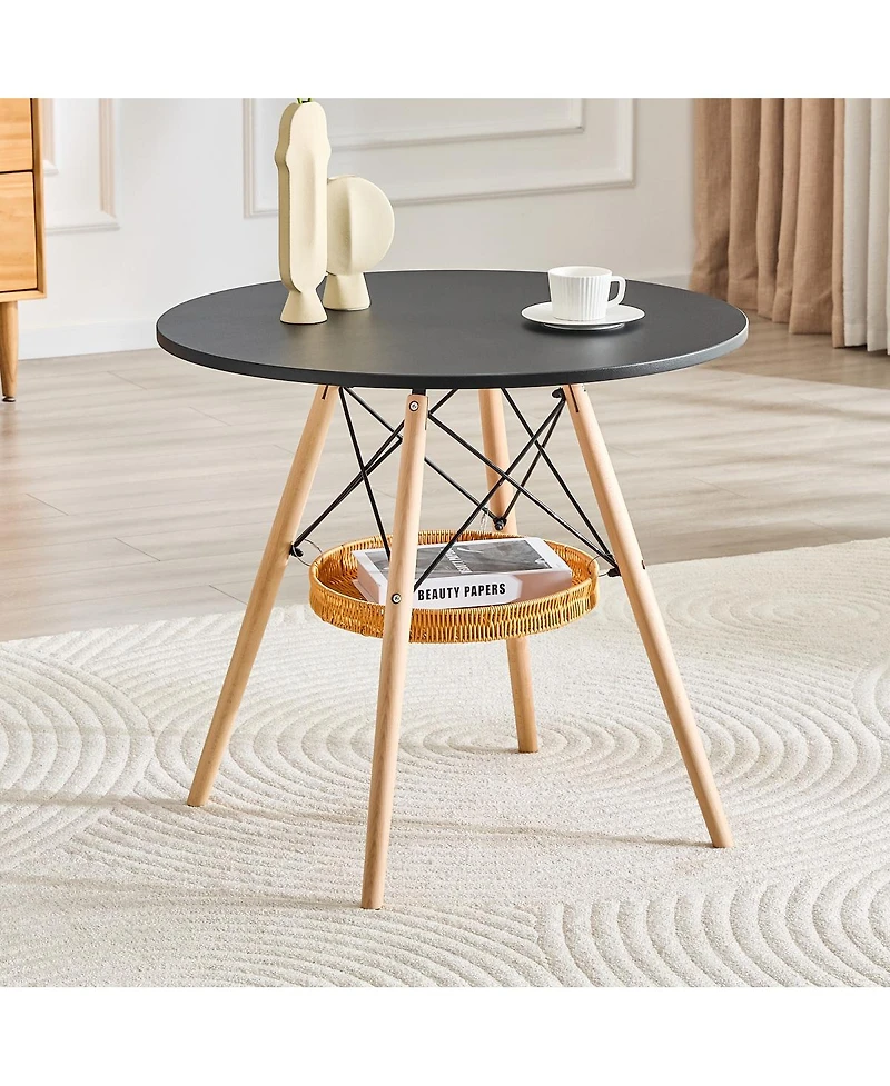 Streamdale 31.5'' Circular Dining Table with Woven Storage Basket and Wood Legs