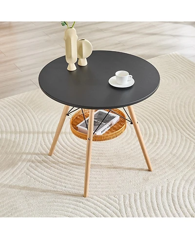 Streamdale 31.5'' Circular Dining Table with Woven Storage Basket and Wood Legs