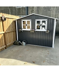 Streamdale Furniture 6x9 Ft Outdoor Metal Storage Shed with Window Flower Rack and Lockable Doors