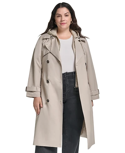 Dkny Women's Double Breasted Belted Trench with Hooded Bib Coat