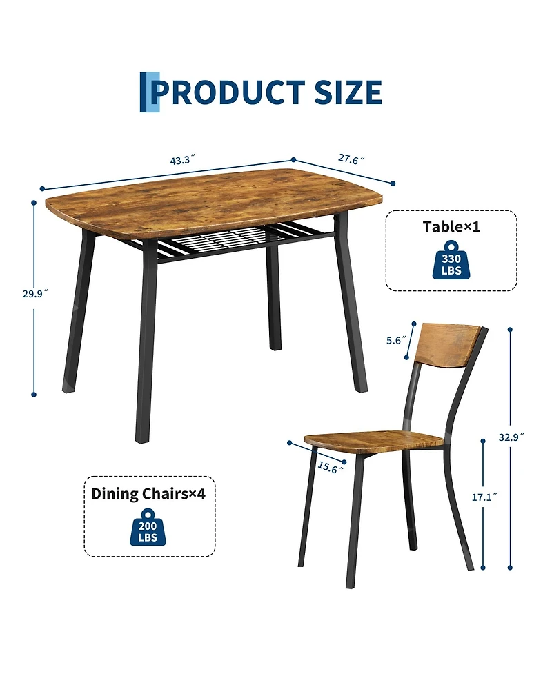 homfan 5 Piece Dining Table Set for 4, 43.3-Inch Kitchen and Chairs of 4 with Storage Rack, Mdf Square Room