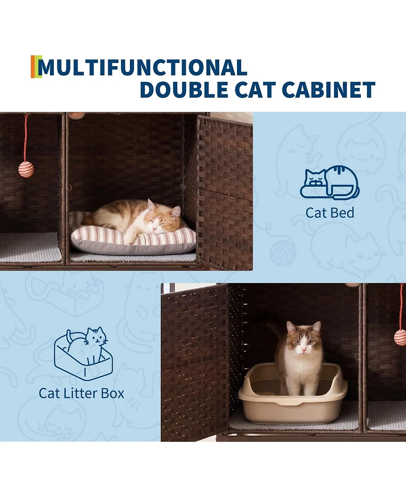 homfan Rattan Cat Litter Box Enclosure – Handwoven Hidden Washroom Cabinet with Door, Mat and S-Hooks, Spacious Dual-Room Furniture
