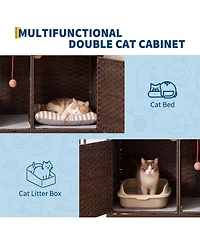 homfan Rattan Cat Litter Box Enclosure – Handwoven Hidden Washroom Cabinet with Door, Mat and S-Hooks, Spacious Dual-Room Furniture