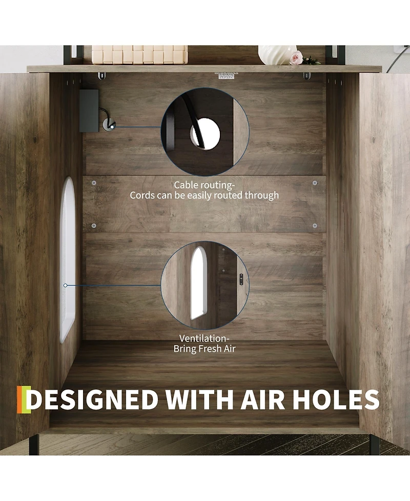 homfan Farmhouse Cat Litter Box Enclosure Cabinet – 70" Tall Hidden Furniture with Charging Station, Storage Shelves, Magnetic Lock Doors