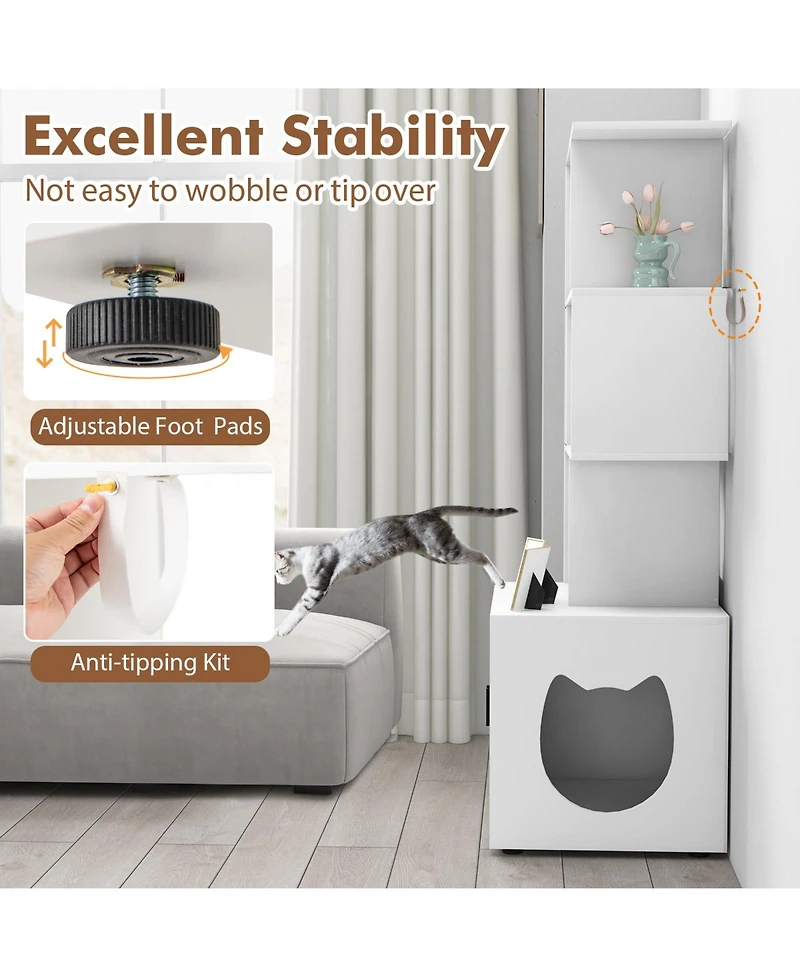 Ruie 56 Inch Tall Cat Litter Box Enclosure Cabinet with Storage Shelves
