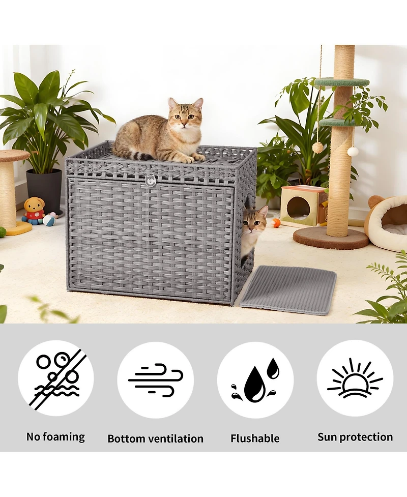 homfan Rattan Cat Litter Box Cabinet – Large Hidden Enclosure with Mat and Barrier, Handwoven Boho Style Furniture with Lightweight Metal Frame