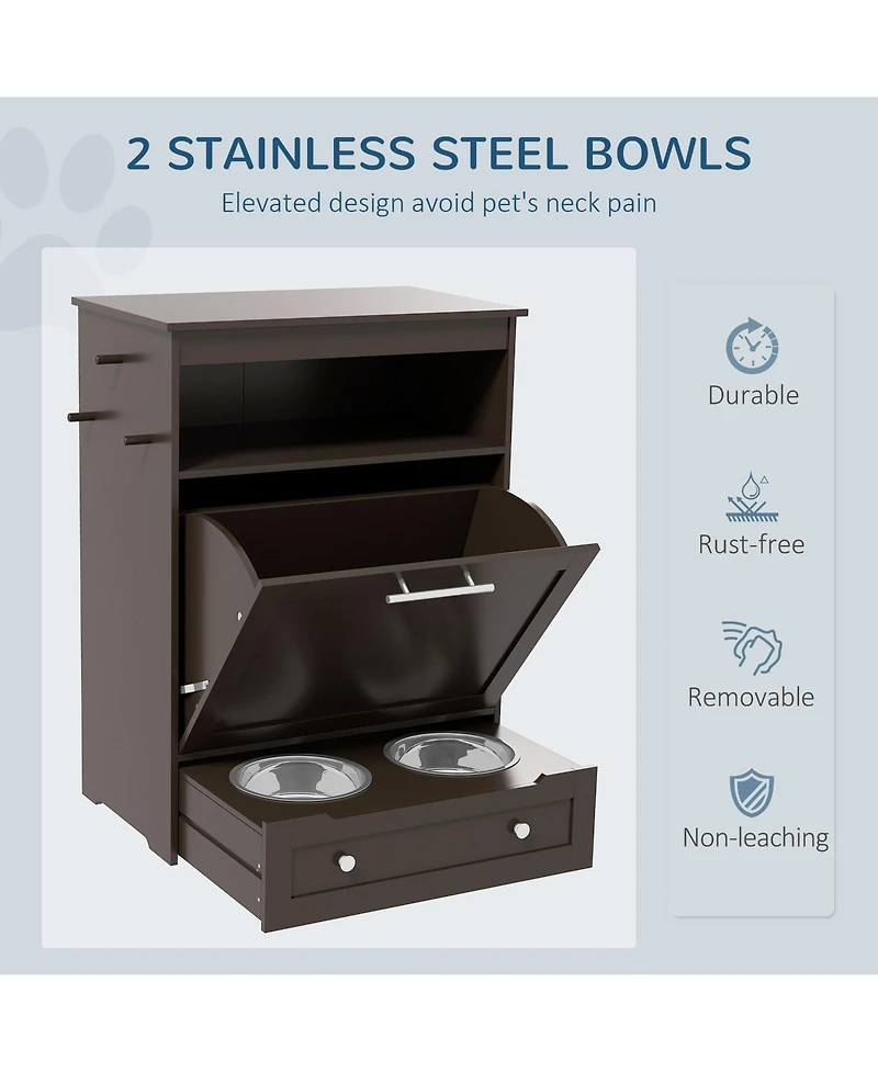 Ruie Pet Feeder Station Storage Cabinet with Raised Dog Bowls and Side Hooks