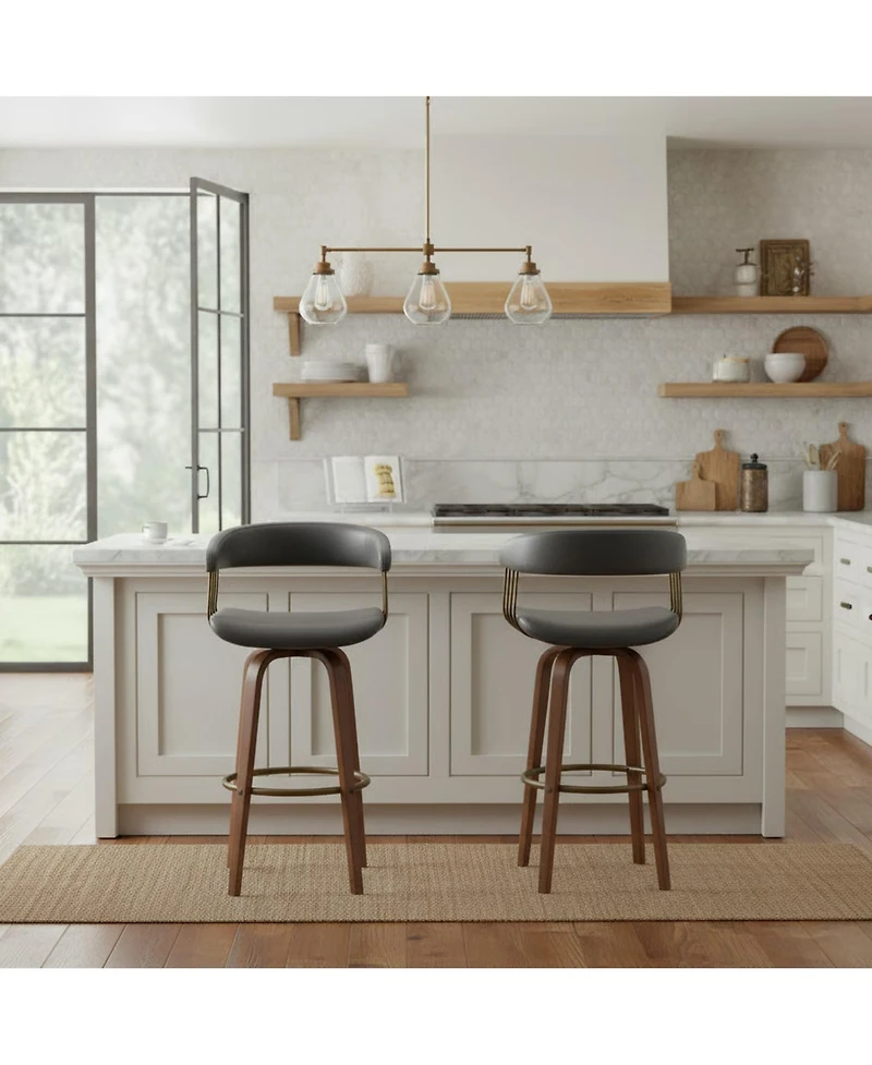 Clihome Leather Bar Stool with Metal Backrest, Modern Upholstered Counter Height Chair, Wood Leg Kitchen Island Stool