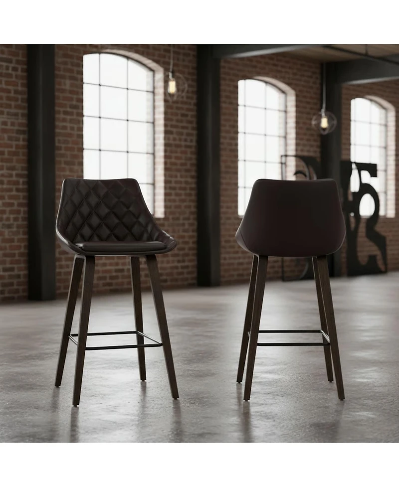 Clihome Leather Bar Stool with Diamond Tufting, Modern Upholstered Counter Height Chair, Wood Leg Kitchen Island Stool