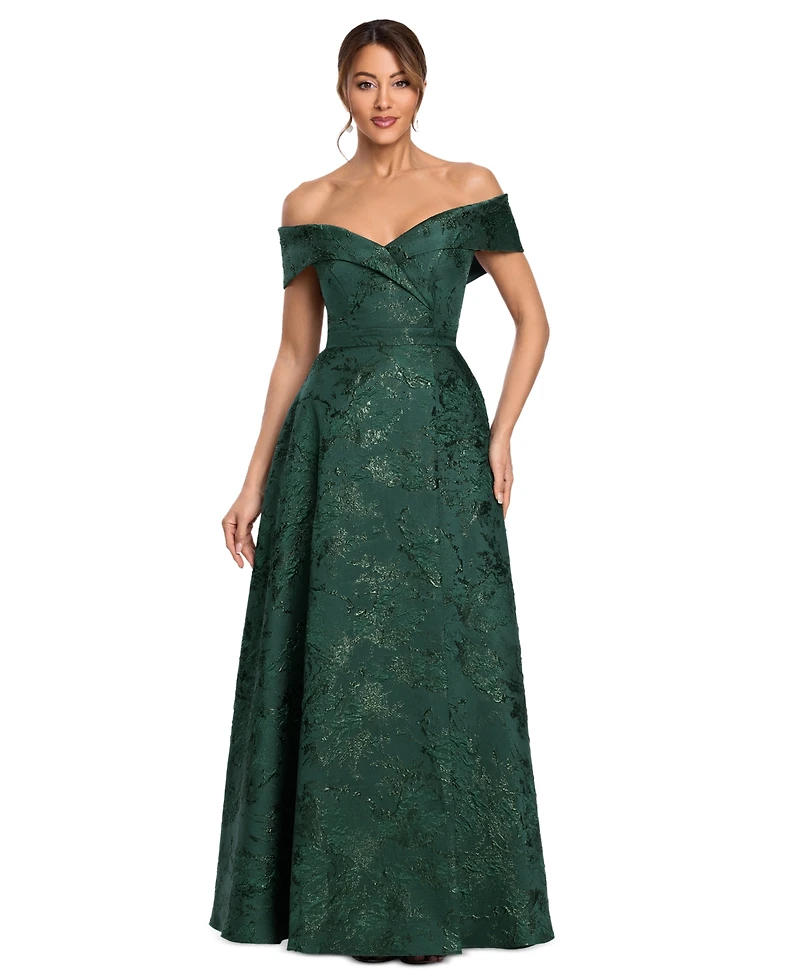 Xscape Women's Printed Brocade Off-the-Shoulder Gown