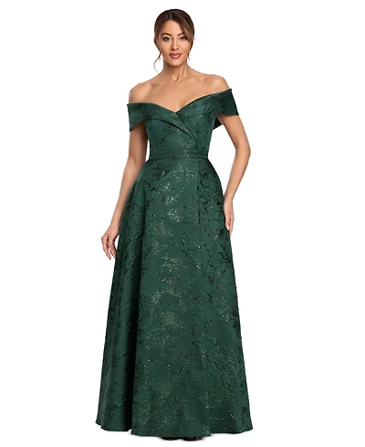Xscape Women's Printed Brocade Off-the-Shoulder Gown